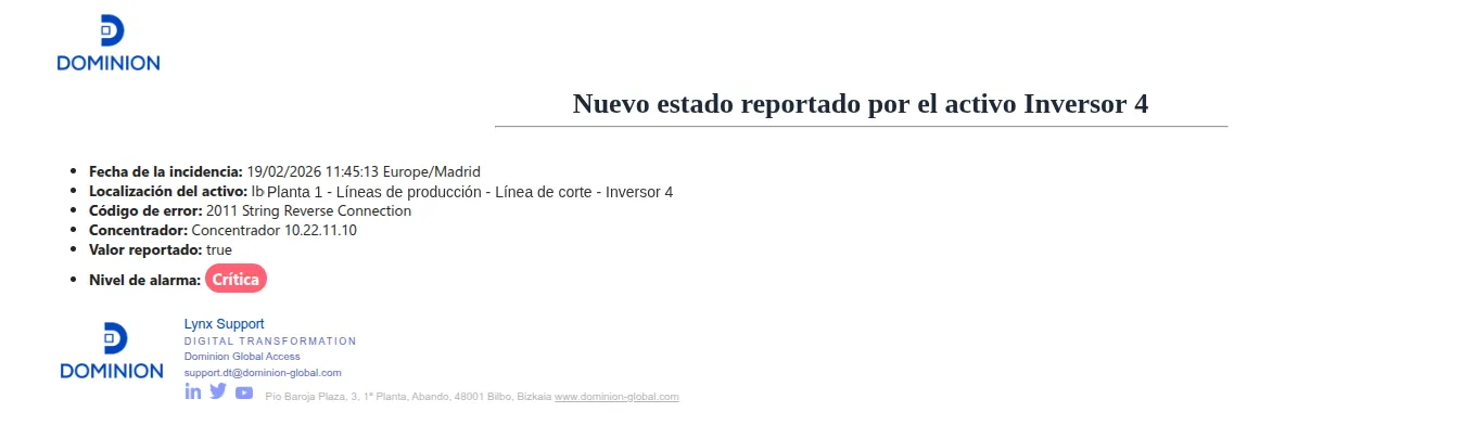 Correo de aviso al dispararse una alarma crítica, con el activo afectado y la hora del cambio de estado.