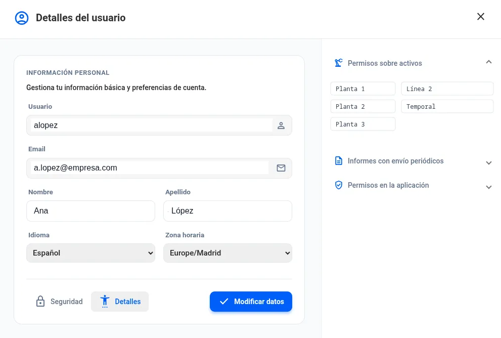 User detail: account data, profile, language and time zone, and permissions per plant and line.