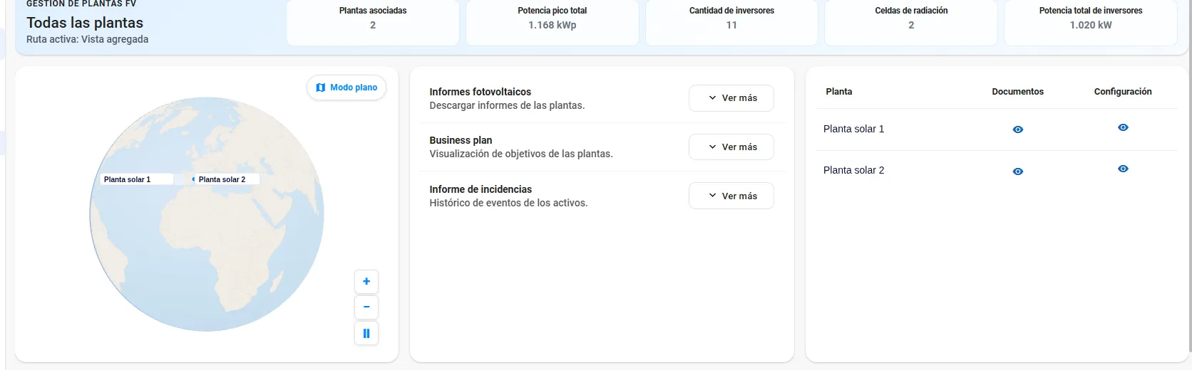 Fotovoltaico: inventario de plantas solares con potencia pico, inversores y ubicación en el mapa.