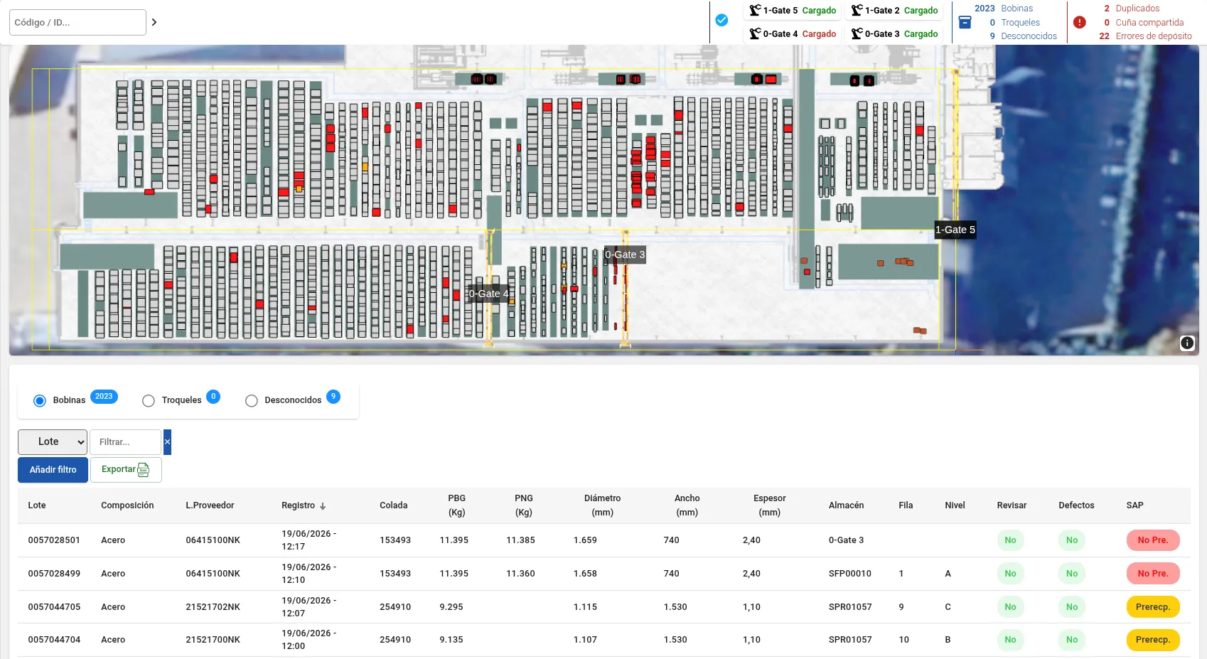WMS: warehouse map next to the stock table, with batch, heat number, weights and dimensions for each material.
